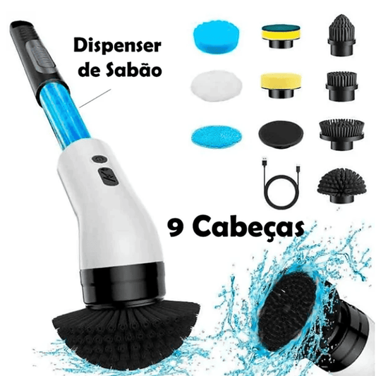 NexTurboClean 9 em 1 — Escova Elétrica Rotativa com Dispenser de Sabão, Sem Fio, Recarregável e Multiuso